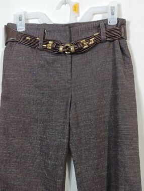 Byer California Brown Textured Dress Trousers with Decorative Gold-Accent Belt